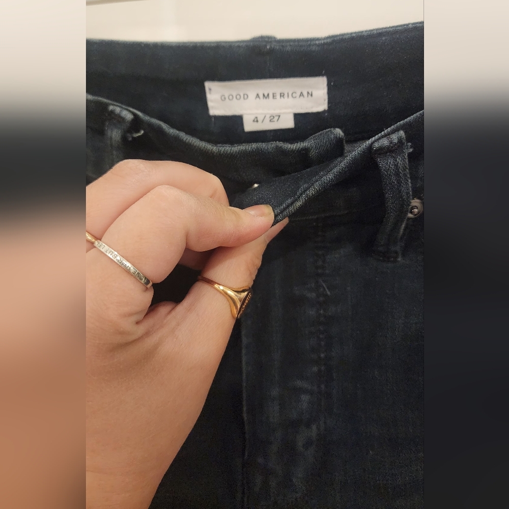 Good American "Good Waist" 27 dark distressed straight leg hem cut Jean - Picture 5 of 5